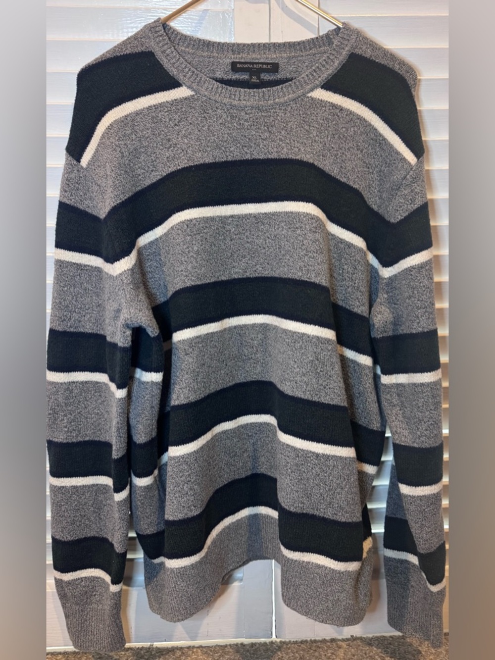 Banana Republic Striped Sweater XL Navy Gray Green  White Crewneck Cozy Knit